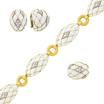 Lot 23 - Gold, White Enamel and Diamond Bracelet, Pair of Dome Earclips and Ring