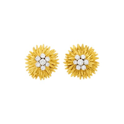 Lot 182 - Van Cleef & Arpels Pair of Gold, Platinum and Diamond Flower Earclips, France