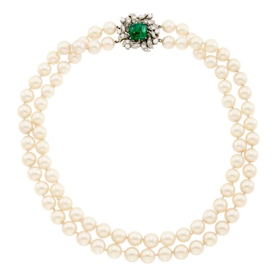 Lot 1083 - Double Strand Cultured Pearl Necklace with White Gold, Cabochon Emerald and Diamond Clasp