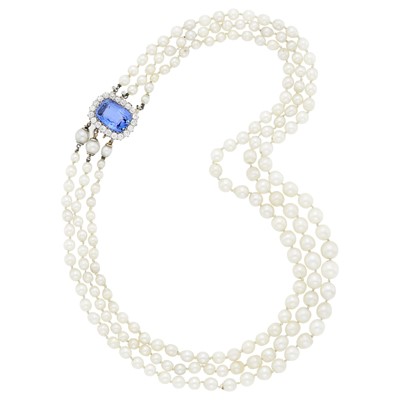 Lot 95 - Tiffany & Co. Triple Stand Natural and Cultured Pearl Necklace with Gold, Platinum, Sapphire and Diamond Clasp