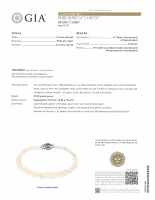 Lot 95 - Tiffany & Co. Triple Stand Natural and Cultured Pearl Necklace with Gold, Platinum, Sapphire and Diamond Clasp