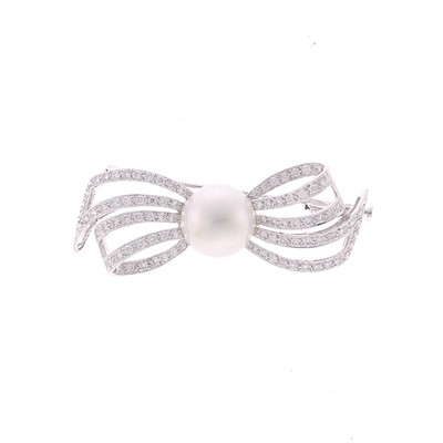 Lot 1057 - White Gold, Freshwater Pearl and Diamond Bow Brooch
