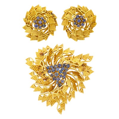 Lot 3 - Tiffany & Co. Pair of Gold and Sapphire Earclips and Brooch