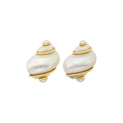 Lot 37 - Seaman Schepps Pair of Gold, Shell and Split Pearl 'Turbo Shell' Earclips