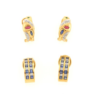 Lot 1203 - Two Pairs of Gold, Diamond and Gem-Set Earrings