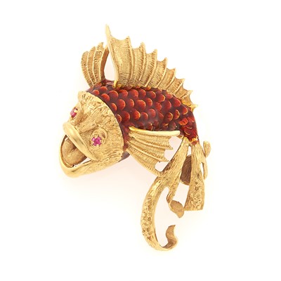 Lot 1080 - Gold, Red Enamel and Synthetic Ruby Fish Brooch