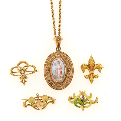 Lot 1177 - Antique and Period Gold, Low Karat Gold and Enamel Pendant with Chain Necklace, France, and Four Pins
