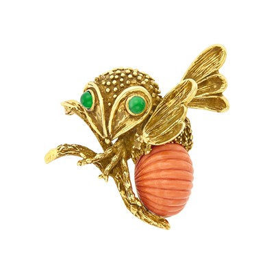 Lot 8 - Erwin Pearl Gold, Carved Coral and Green Onyx Fly Brooch