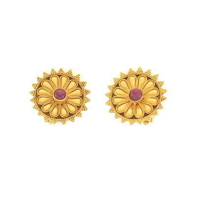 Lot 2113 - Ilias Lalaounis Pair of Gold and Cabochon Ruby Earclips