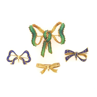 Lot 1152 - Four Gold and Enamel Bow Pins