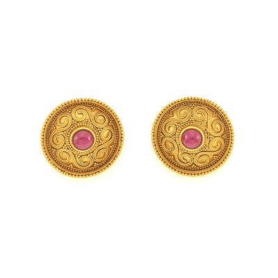 Lot 1025 - Ilias Lalaounis Pair of Gold and Cabochon Ruby Earclips