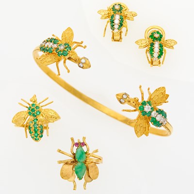 Lot 1140 - Group of Gold, Emerald, Jade and Diamond Bee Jewelry
