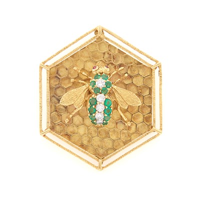Lot 1039 - Gold, Emerald, Diamond and Ruby Bee and Honeycomb Pendant-Brooch