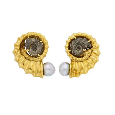 Lot 44 - Elizabeth Gage Pair of Gold, Pyritized Ammonite and Gray Baroque Cultured Pearl Earclips