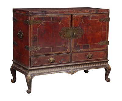 Lot 163 - Embossed Leather and Brass-Mounted Cabinet on Walnut and Parcel-Gilt Side Cabinet
