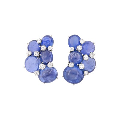 Lot 69 - Pair of White Gold, Cabochon Sapphire and Diamond Earrings
