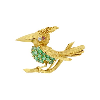 Lot 5 - Gold, Emerald, Diamond and Ruby Woodpecker Clip-Brooch