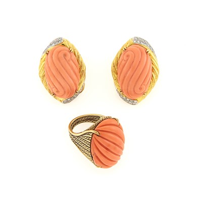 Lot 1054 - Pair of Gold, Fluted Coral and Diamond Earclips and Ring