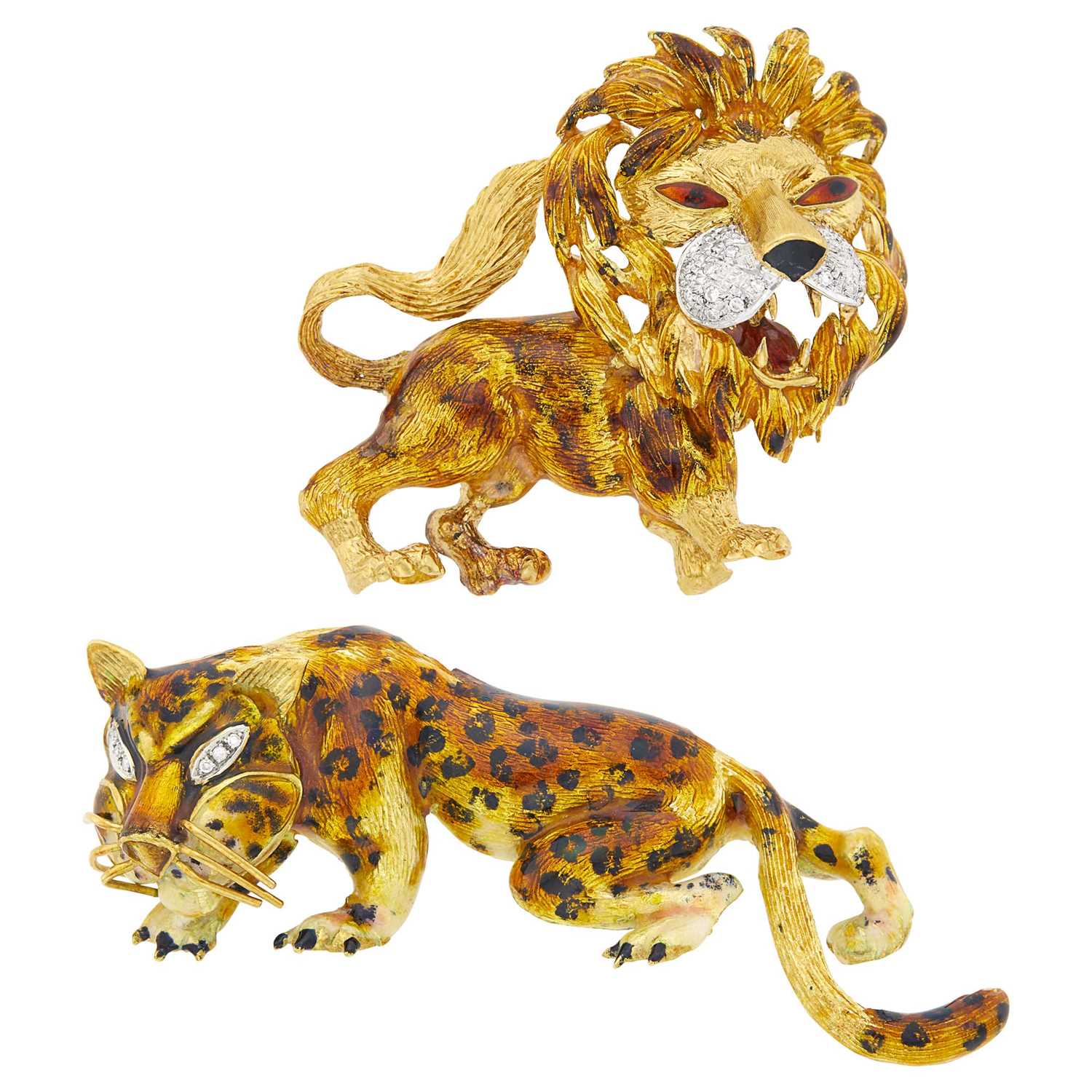 Lot 131 - Two Two-Color Gold Enamel and Diamond Lion and Panther Brooches