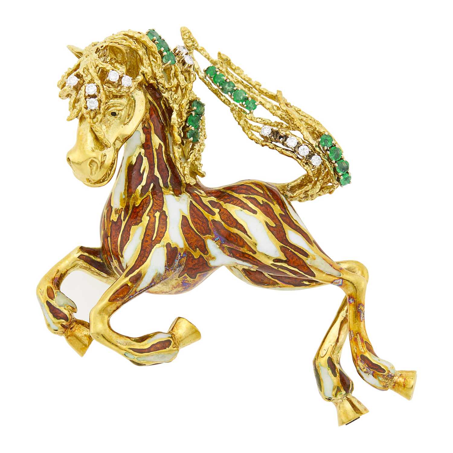 Lot 126 - Gold, Enamel, Emerald and Diamond Horse Clip-Brooch