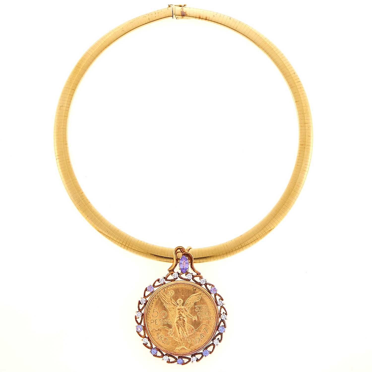 Lot 1078 - Gold, Gold Coin, Tanzanite and Diamond Pendant with Omega Chain Necklace