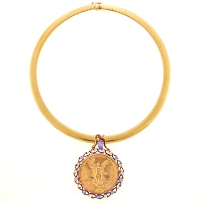 Lot 1078 - Gold, Gold Coin, Tanzanite and Diamond Pendant with Omega Chain Necklace