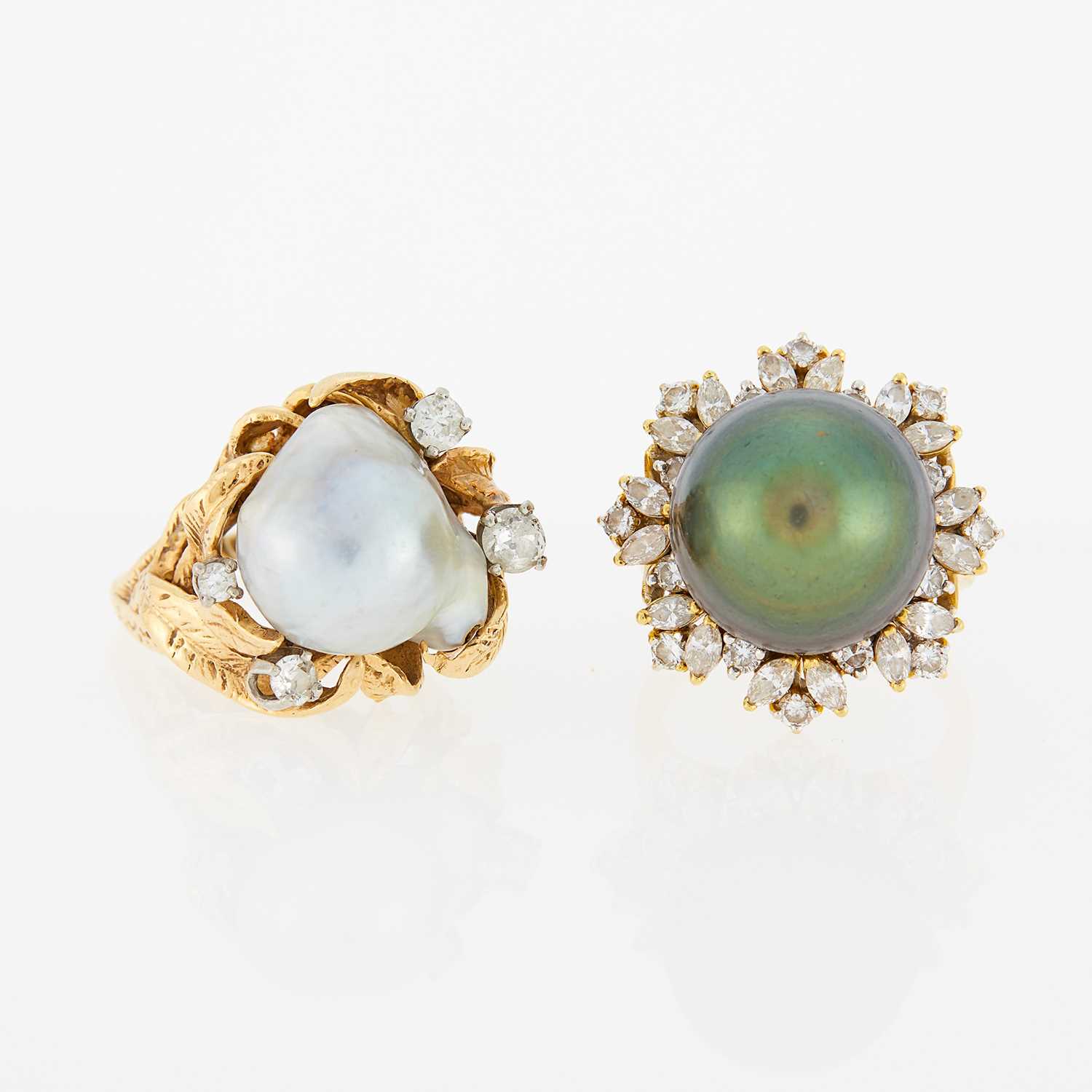 Lot 1076 - Two Gold, Baroque South Sea Cultured Pearl and Diamond Rings