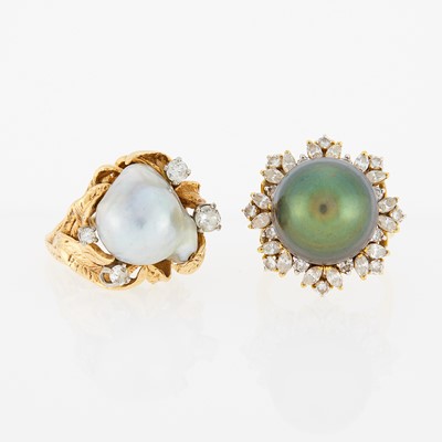 Lot 1076 - Two Gold, Baroque South Sea Cultured Pearl and Diamond Rings