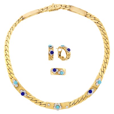 Lot 13 - Two-Color Gold, Turquoise, Lapis and Diamond Curb Link Necklace, Pair of Hoop Earrings and Ring
