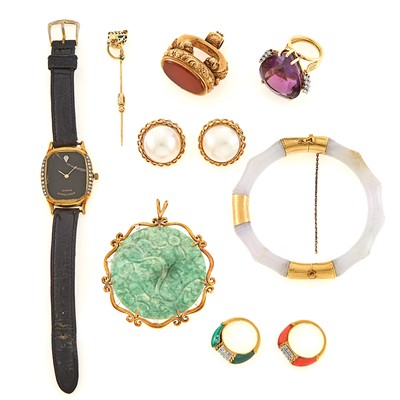 Lot 1282 - Group of Gold, Gem-Set, Diamond, Pearl and Jade Jewelry and Wristwatch