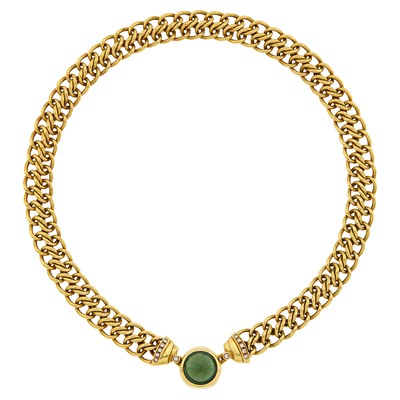 Lot 47 - Gold, Cabochon Tourmaline and Diamond Chain Necklace
