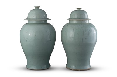 Lot 1058 - Pair of Celadon Glazed Pottery Vases