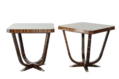 Lot 1070 - Pair of Lucien Rollin for William Switzer Exotic Hardwood and Chrome End Tables
