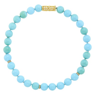 Lot 1045 - Turquoise Bead, Gold and Diamond Necklace with Gold and Diamond Clasp