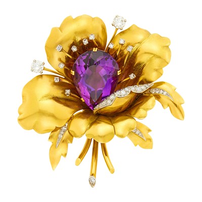 Lot 1102 - Gold, Platinum, Amethyst and Diamond Flower Clip-Brooch, France