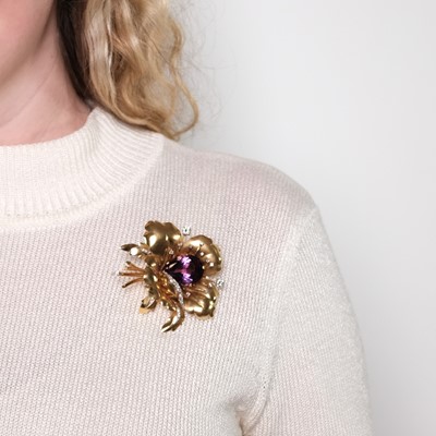 Lot 1102 - Gold, Platinum, Amethyst and Diamond Flower Clip-Brooch, France