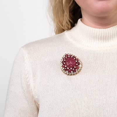 Lot 88 - Gold, Carved Ruby and Diamond Enhancer Clip-Brooch