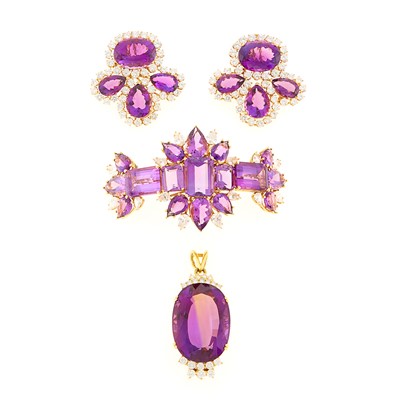 Lot 2214 - Gold, Amethyst, Cubic Zirconia and Diamond Brooch, Pendant and Pair of Earclips