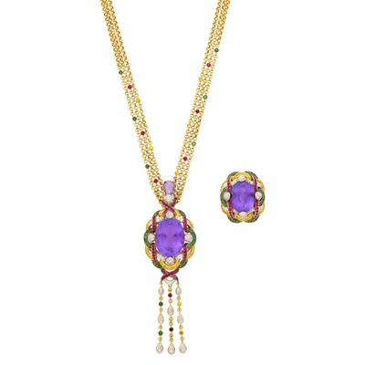 Lot 84 - Triple Strand Gold, Amethyst, Diamond and Gem-Set Pendant-Necklace and Ring
