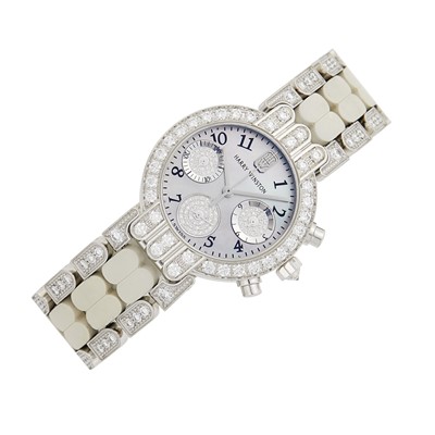 Lot 66 - Harry Winston White Gold, Mother-of-Pearl, Diamond and Rubber 'Premier' Chronograph Wristwatch