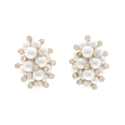 Lot 2110 - Pair of Gold, Cultured Pearl and Cubic Zirconia Earclips