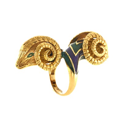 Lot 2030 - Gold and Enamel Double Ram's Head Ring