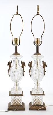 Lot 83 - Pair of Empire Style Gilt-Metal Mounted Molded Glass Lamps with Swan Mounts