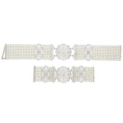 Lot 1050 - Wide White Gold, Freshwater Pearl and Diamond Mesh Choker Necklace and Bracelet