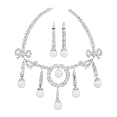 Lot 1149 - White Gold, South Sea Cultured Pearl and Diamond Choker Necklace and Pair of Pendant-Earclips