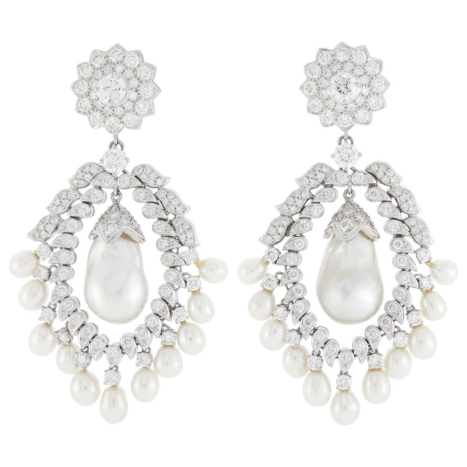 Lot 145 - Pair of Platinum, Diamond, Baroque South Sea and Cultured Pearl Pendant-Earclips