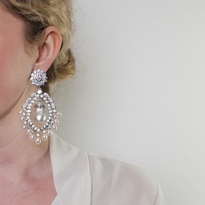 Lot 145 - Pair of Platinum, Diamond, Baroque South Sea and Cultured Pearl Pendant-Earclips