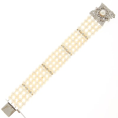 Lot 2090 - Four Strand Cultured Pearl, White Gold and Diamond Bracelet