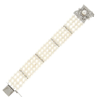Lot 2090 - Four Strand Cultured Pearl, White Gold and Diamond Bracelet