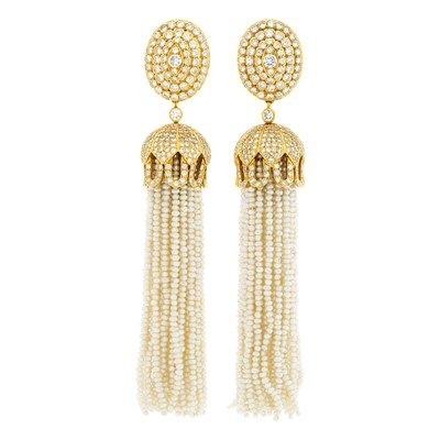 Lot 19 - Pair of Gold, Diamond and Seed Pearl Fringe Earclips